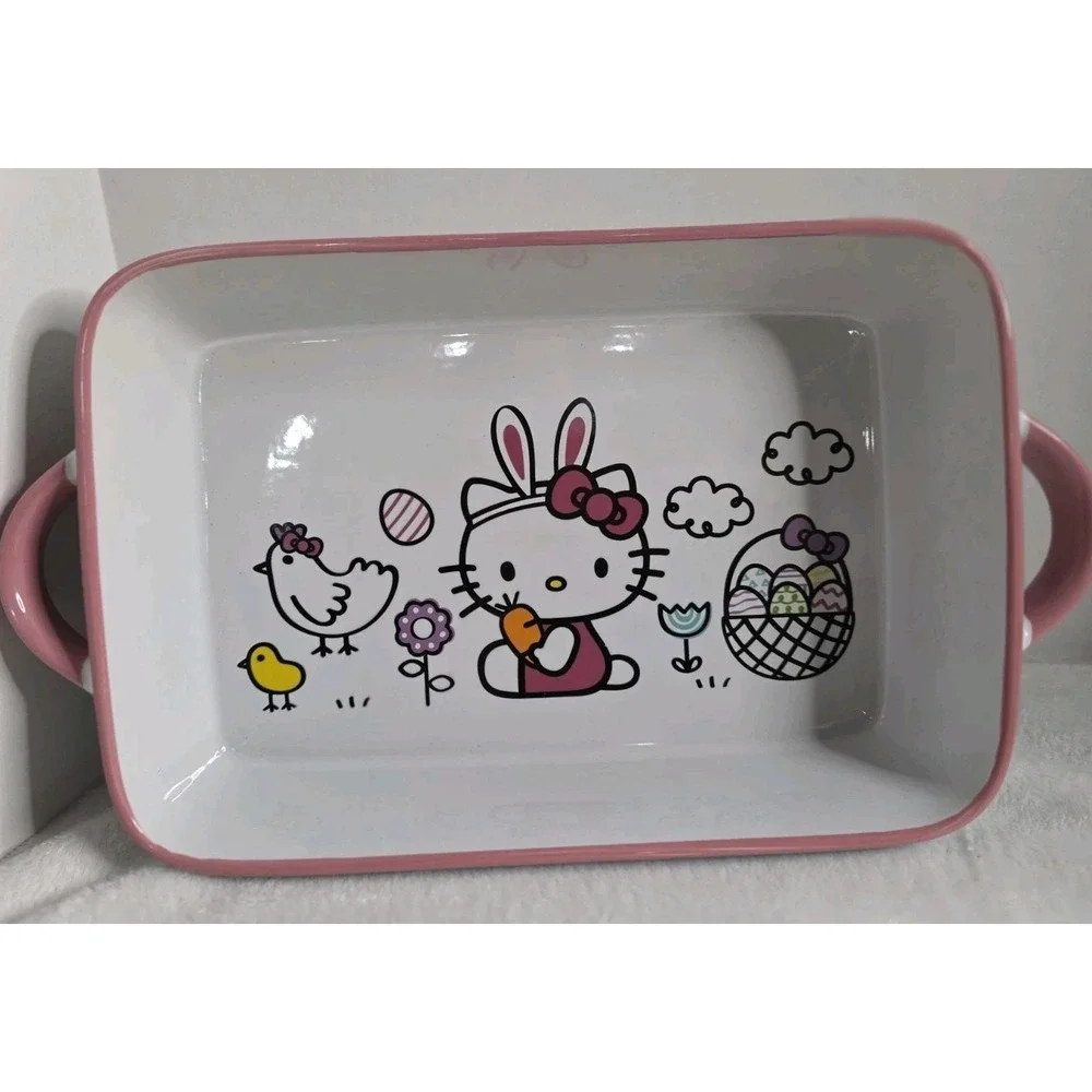 Hello Kitty Easter Ceramic Baking Dish Pink White Bunny Sanrio Casserole Pan